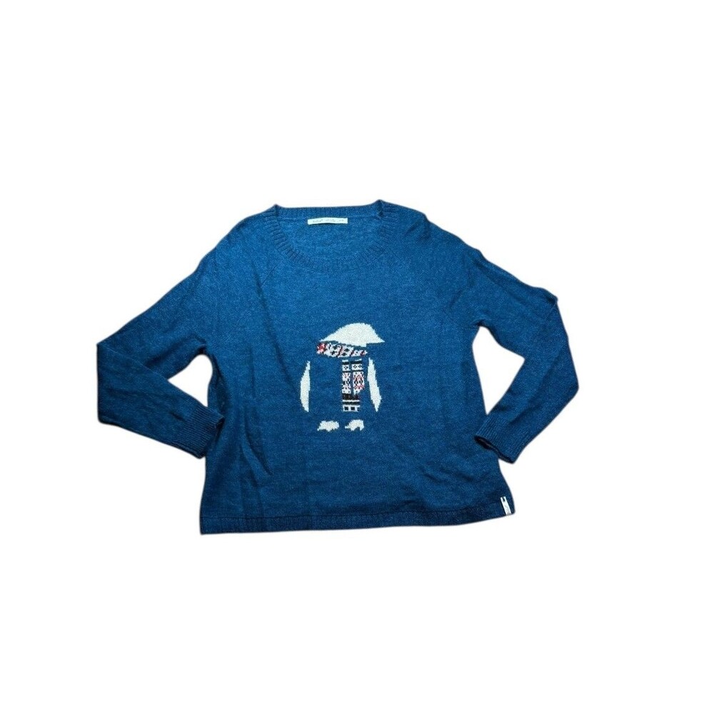 Woolrich Women's Sweater Size XL Blue Penguin Graphic Crewneck Wool Blend